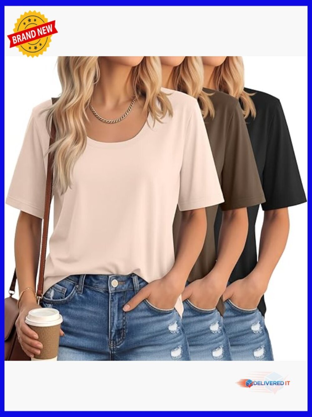 3 Pack Scoop Neck Half Sleeve T-Shirts for Women Loose Fit Basic Tees